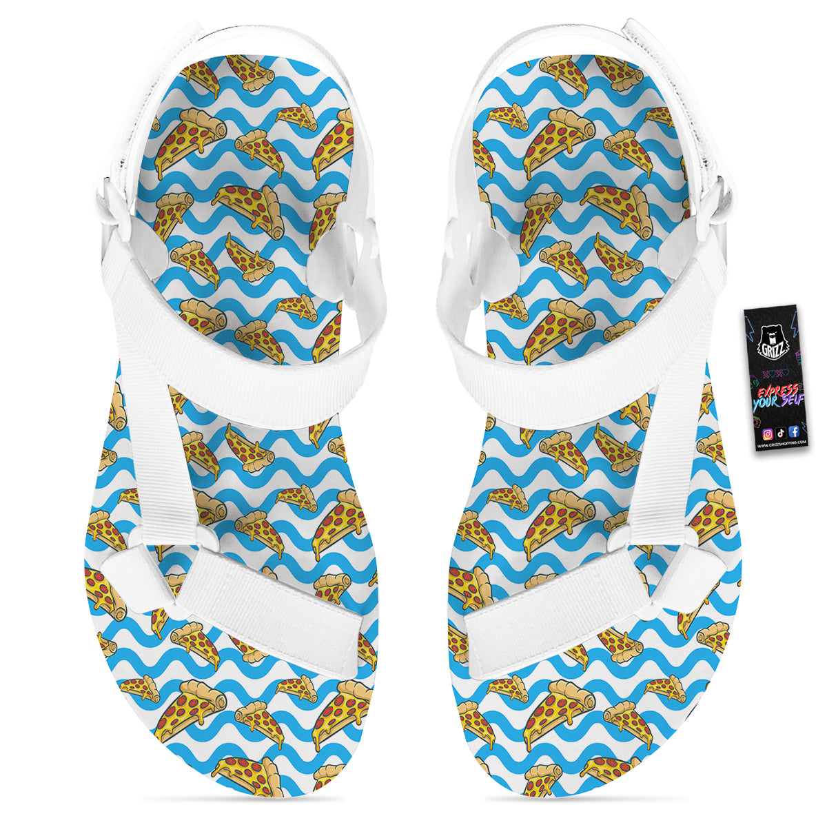 Blue Wave Pizza Print Pattern White Open Toe Sandals-grizzshop