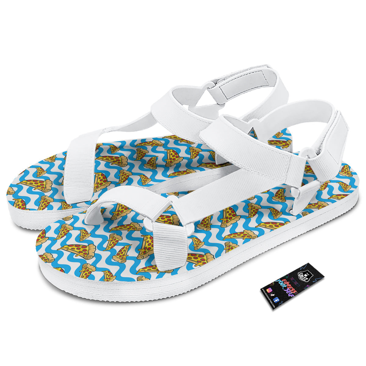 Blue Wave Pizza Print Pattern White Open Toe Sandals-grizzshop