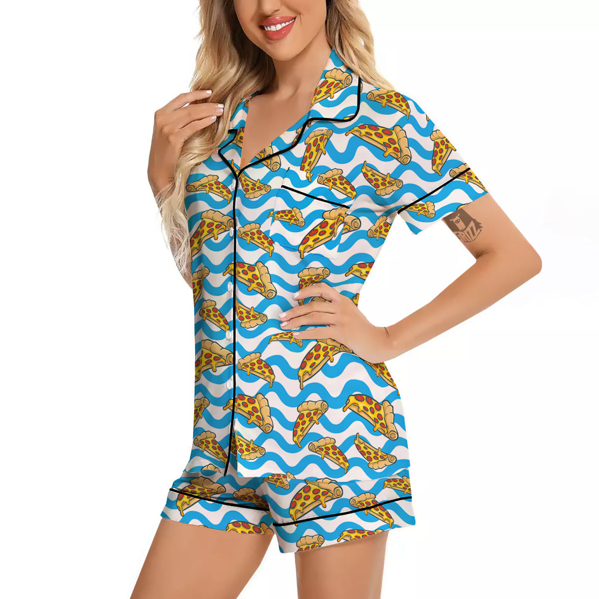 Blue Wave Pizza Print Pattern Women Silk Pajamas-grizzshop