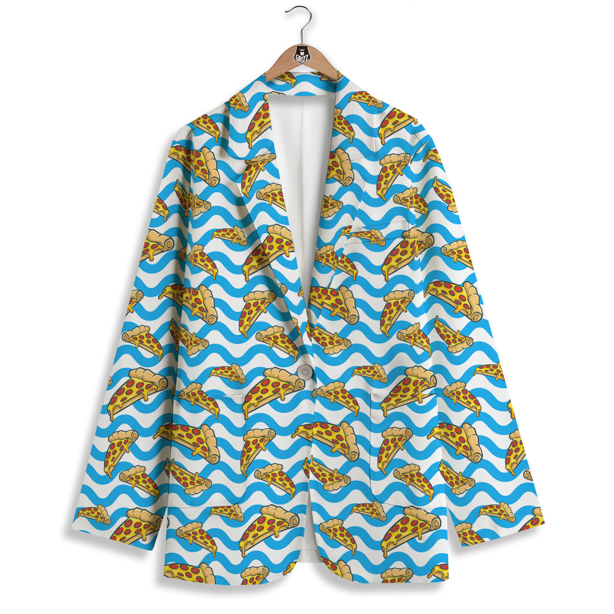 Blue Wave Pizza Print Pattern Women's Blazer-grizzshop