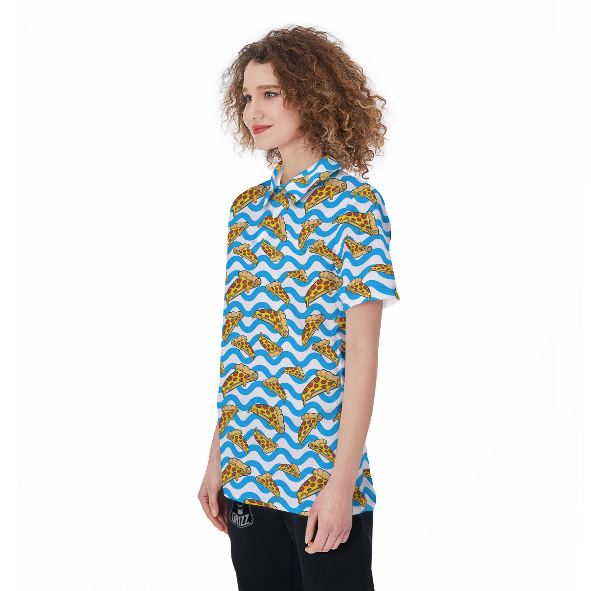Blue Wave Pizza Print Pattern Women's Golf Shirts-grizzshop