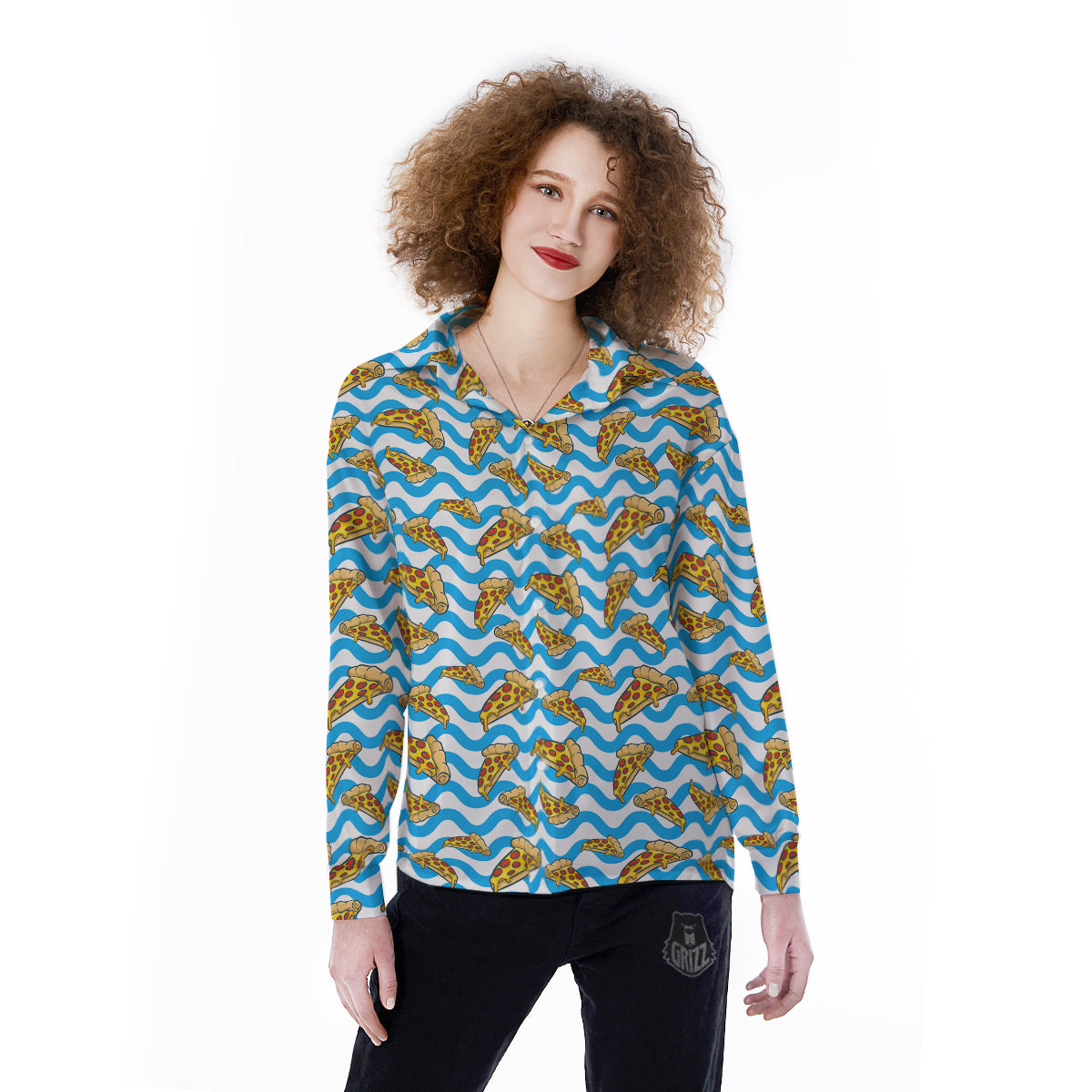 Blue Wave Pizza Print Pattern Women's Long Sleeve Shirts-grizzshop