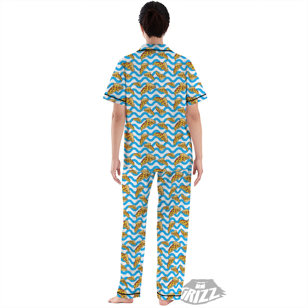 Blue Wave Pizza Print Pattern Women's Pajamas Set-grizzshop