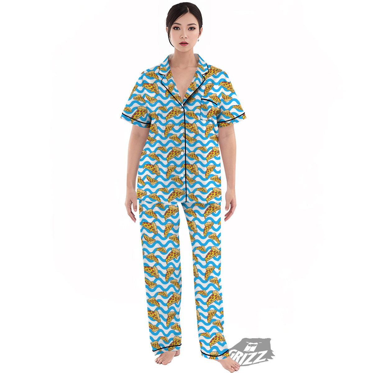 Blue Wave Pizza Print Pattern Women's Pajamas Set-grizzshop