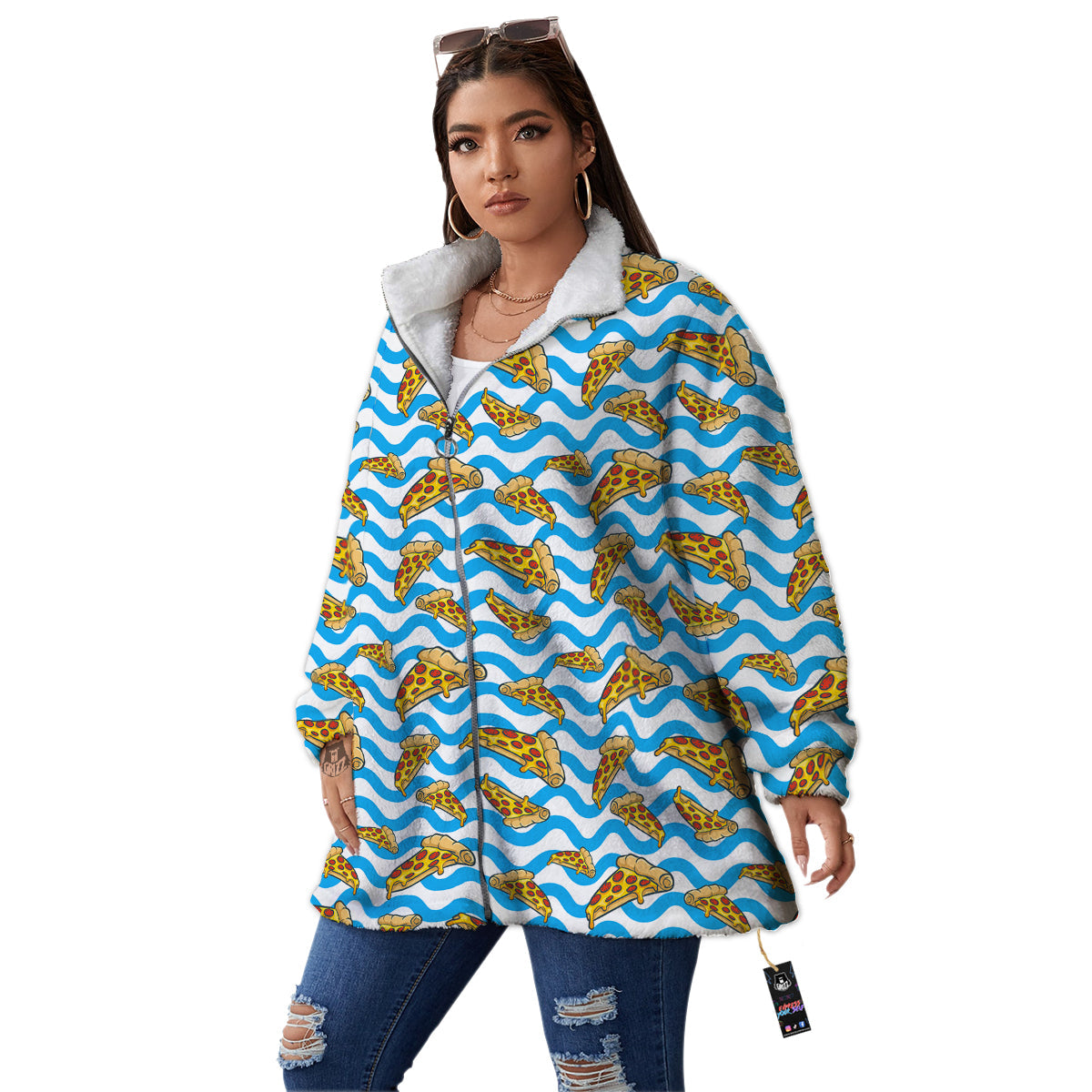 Blue Wave Pizza Print Pattern Women's Sherpa Jacket-grizzshop