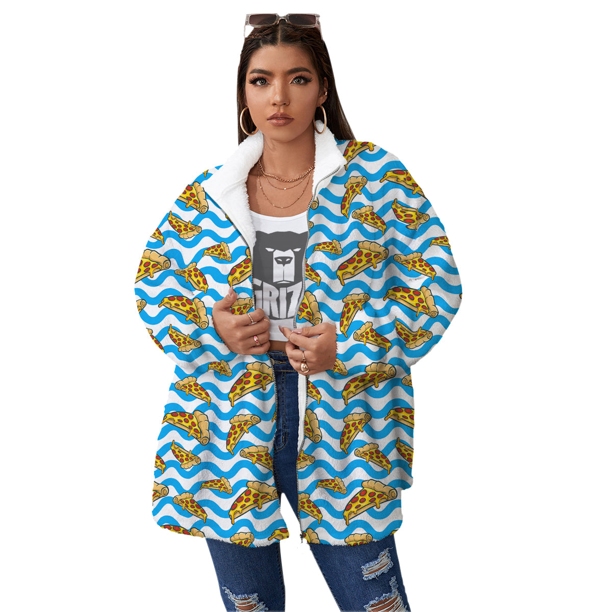 Blue Wave Pizza Print Pattern Women's Sherpa Jacket-grizzshop