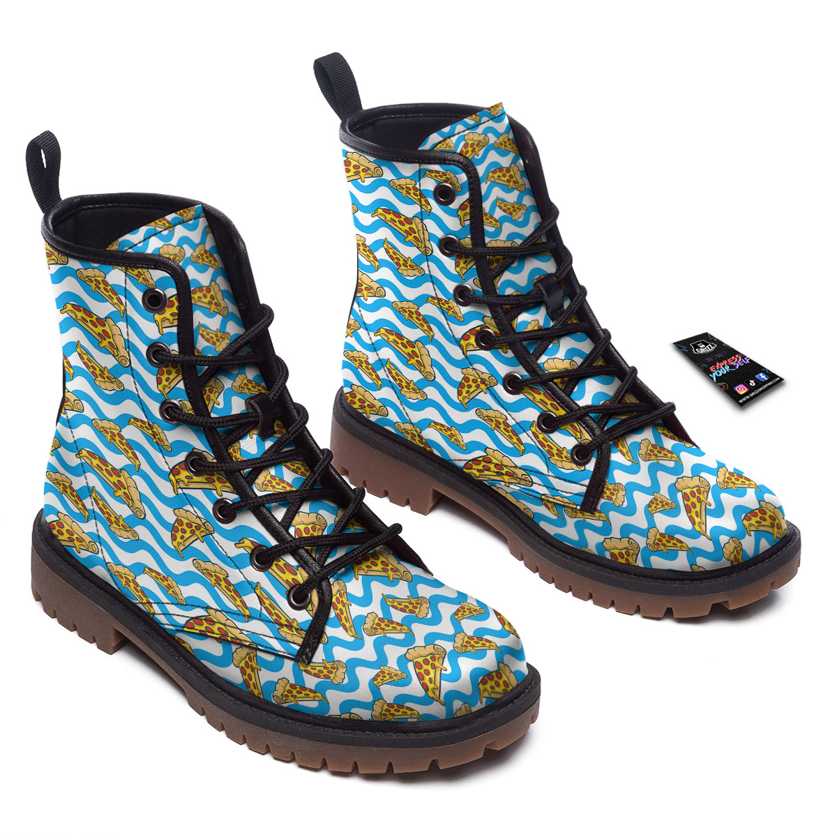 Blue Wave Pizza Print Pattern Work Boots-grizzshop