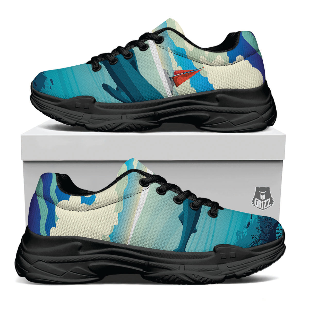 Blue Whale In Deep Sea Print Black Chunky Shoes-grizzshop