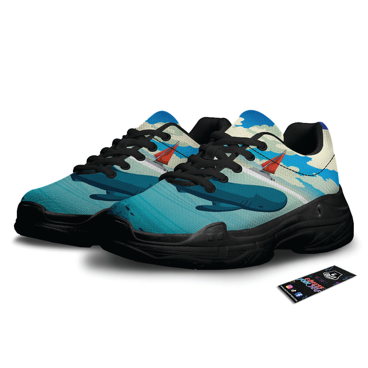 Blue Whale In Deep Sea Print Black Chunky Shoes-grizzshop