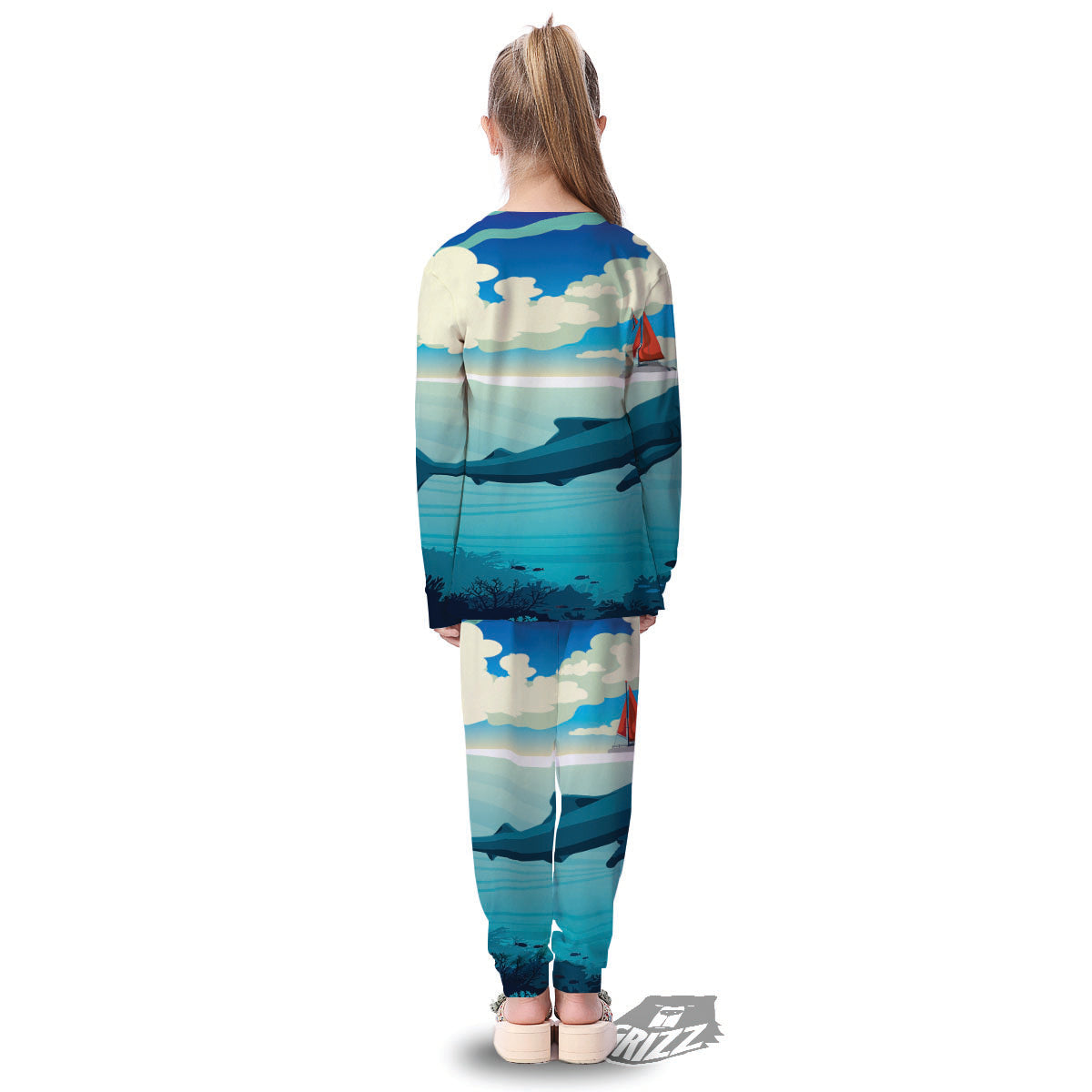 Blue Whale In Deep Sea Print Kid's Pajamas-grizzshop