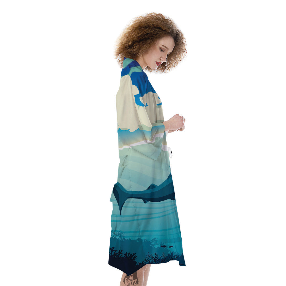 Blue Whale In Deep Sea Print Kimono-grizzshop