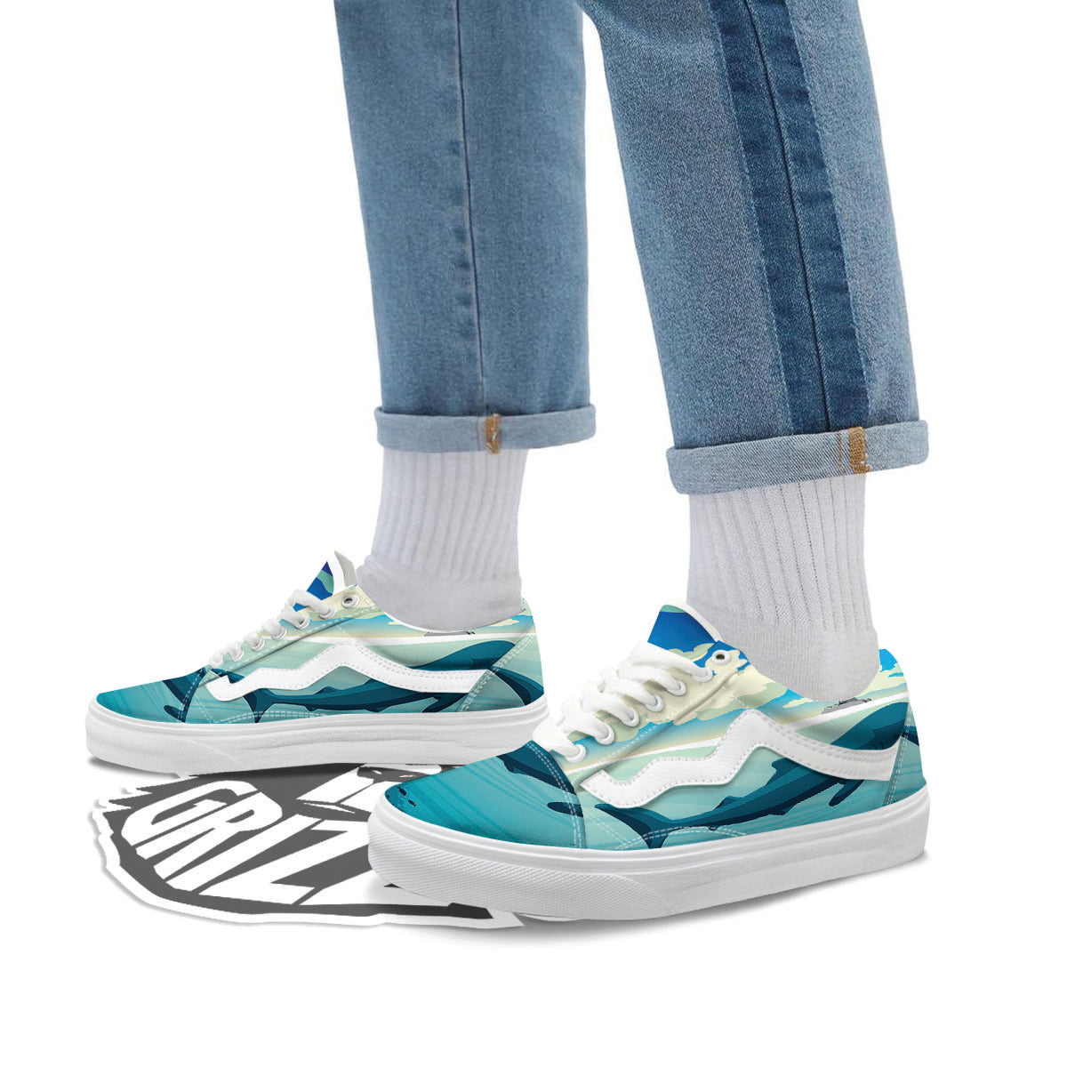 Blue Whale In Deep Sea Print Skate Shoes-grizzshop
