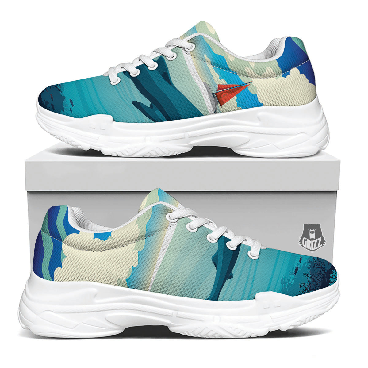 Blue Whale In Deep Sea Print White Chunky Shoes-grizzshop