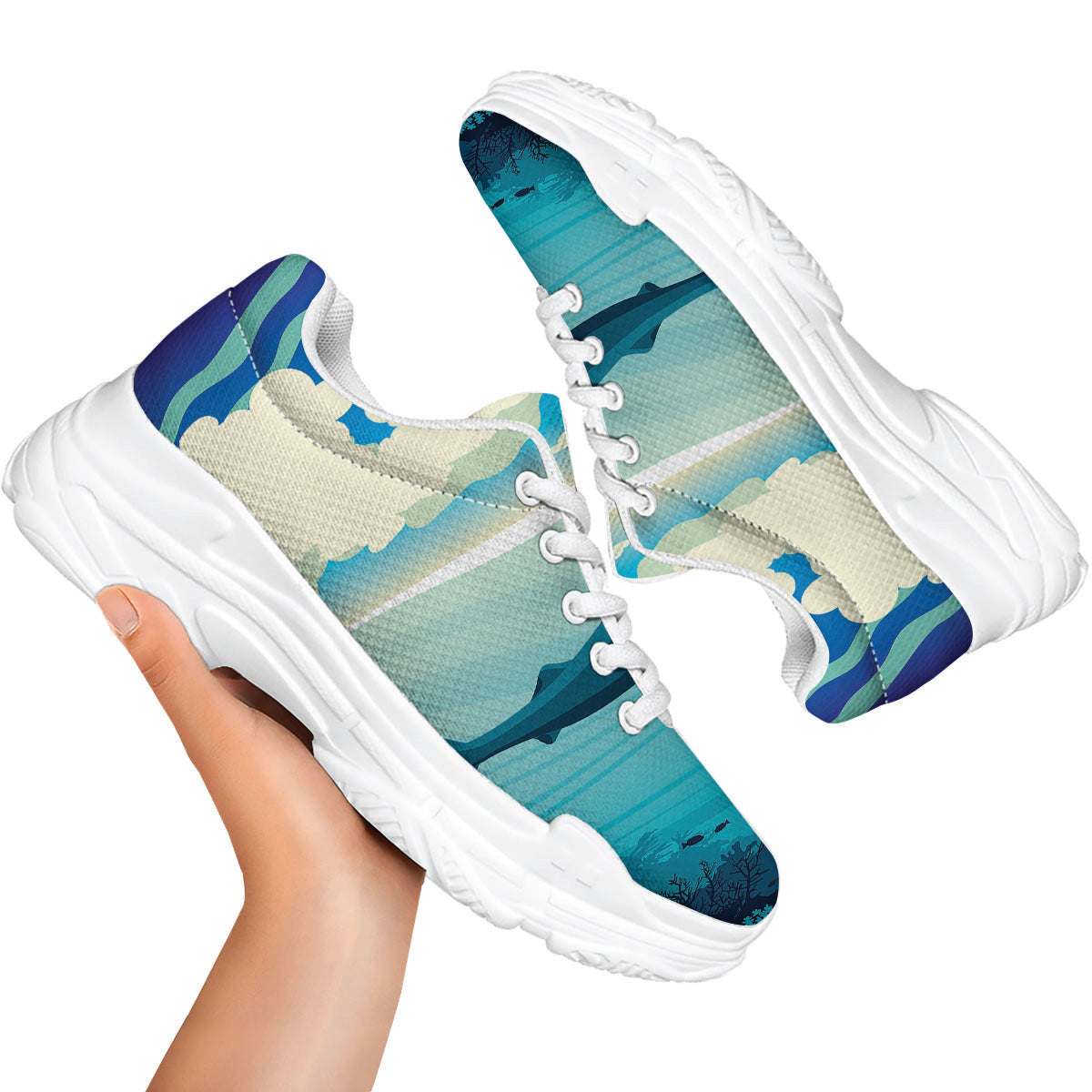 Blue Whale In Deep Sea Print White Chunky Shoes-grizzshop