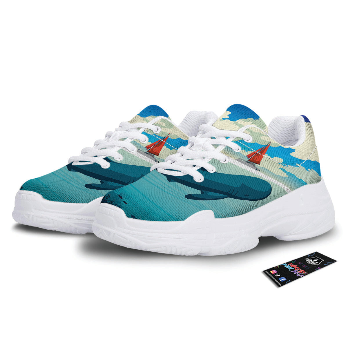 Blue Whale In Deep Sea Print White Chunky Shoes-grizzshop