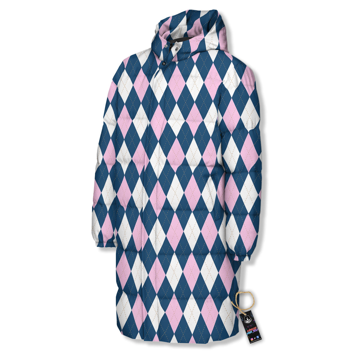 Blue White And Pink Argyle Print Pattern Long Down Jacket-grizzshop