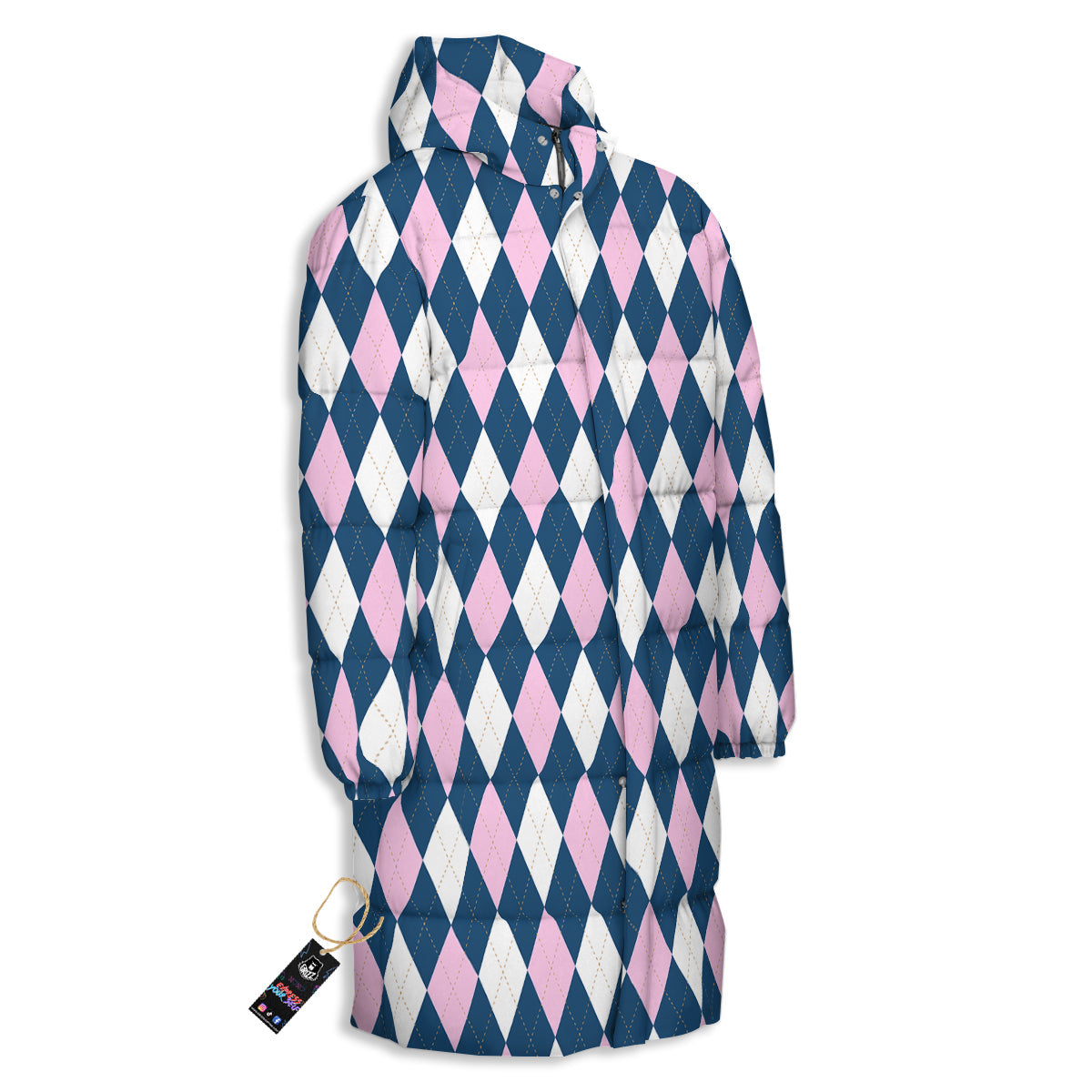 Blue White And Pink Argyle Print Pattern Long Down Jacket-grizzshop