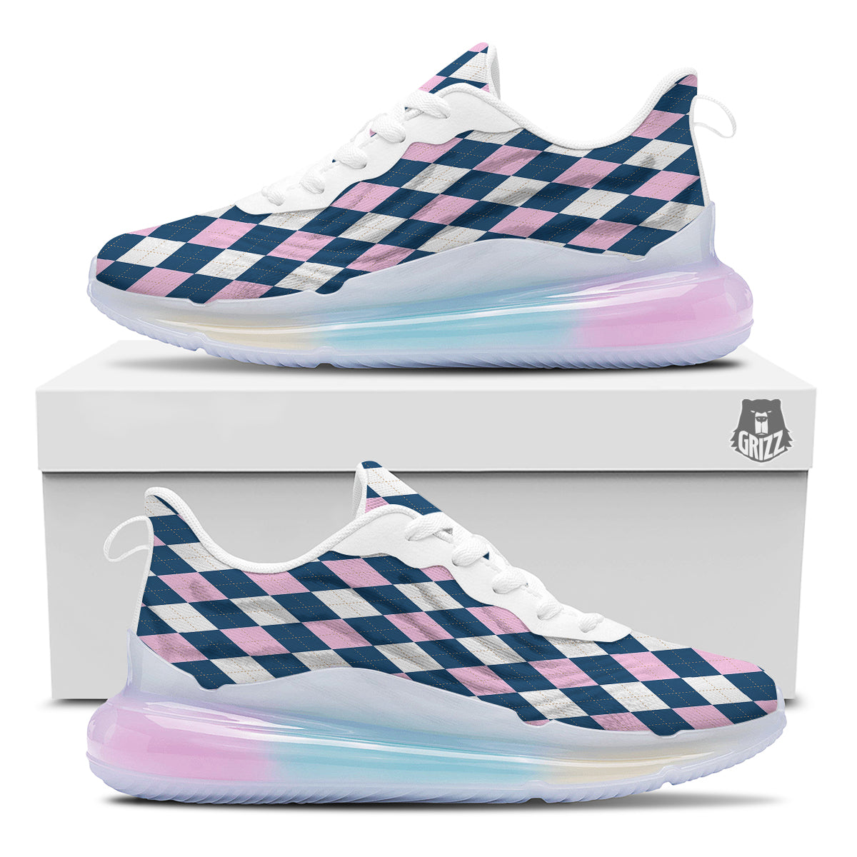 Blue White And Pink Argyle Print Pattern Running Sneakers-grizzshop