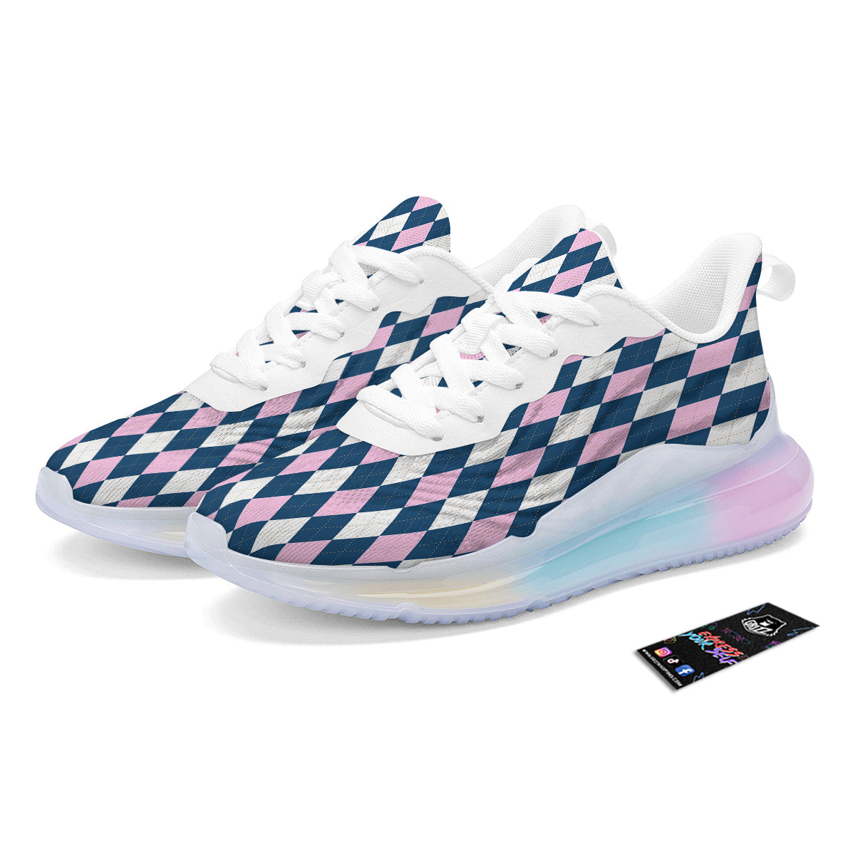 Blue White And Pink Argyle Print Pattern Running Sneakers-grizzshop