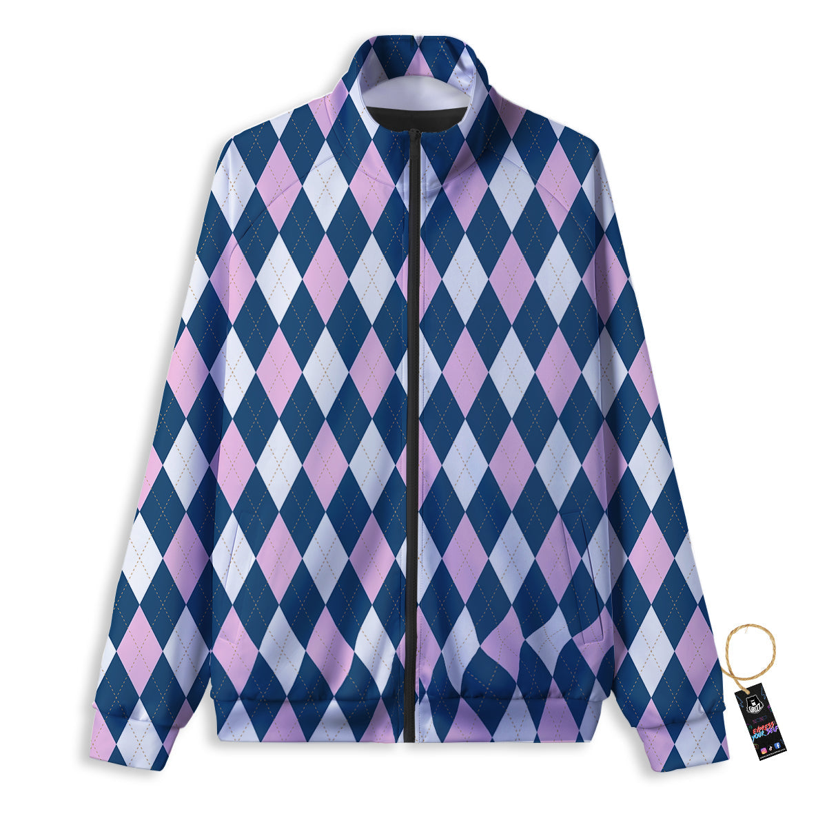 Blue White And Pink Argyle Print Pattern Track Jacket-grizzshop