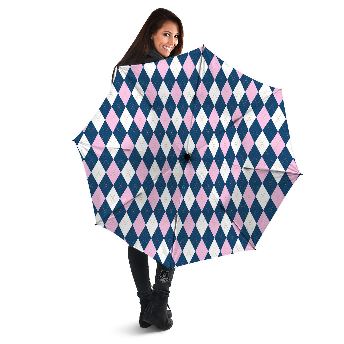 Blue White And Pink Argyle Print Pattern Umbrella-grizzshop