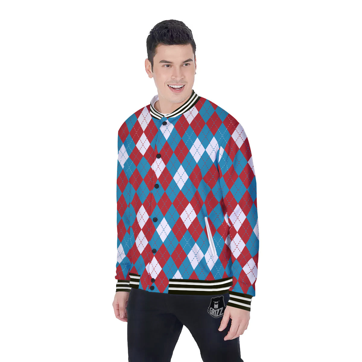 Blue White And Red Argyle Print Pattern Baseball Jacket-grizzshop