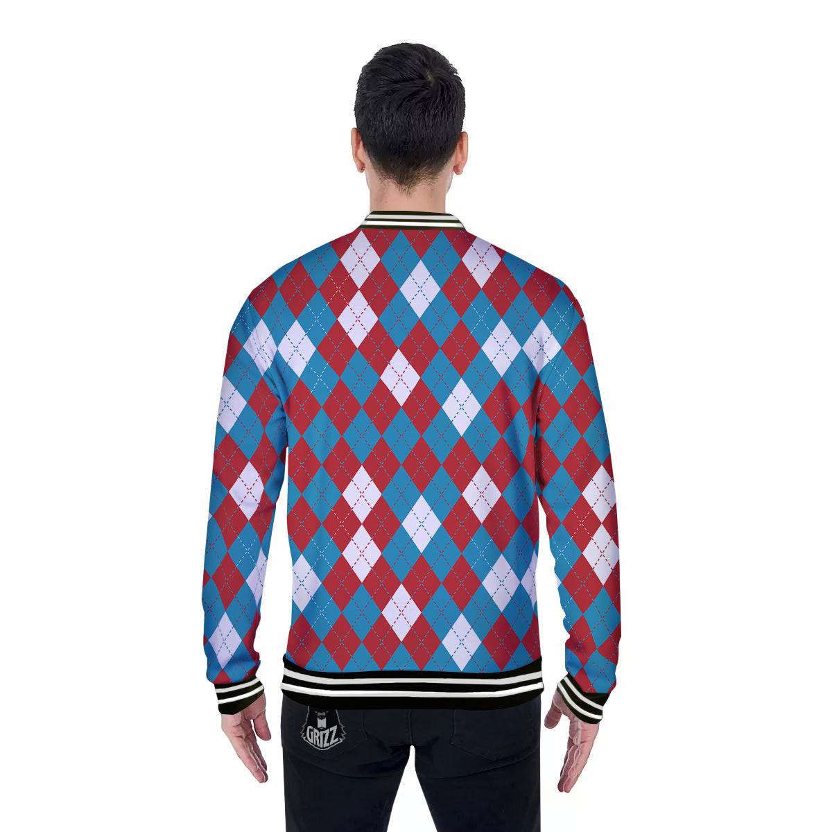 Blue White And Red Argyle Print Pattern Baseball Jacket-grizzshop