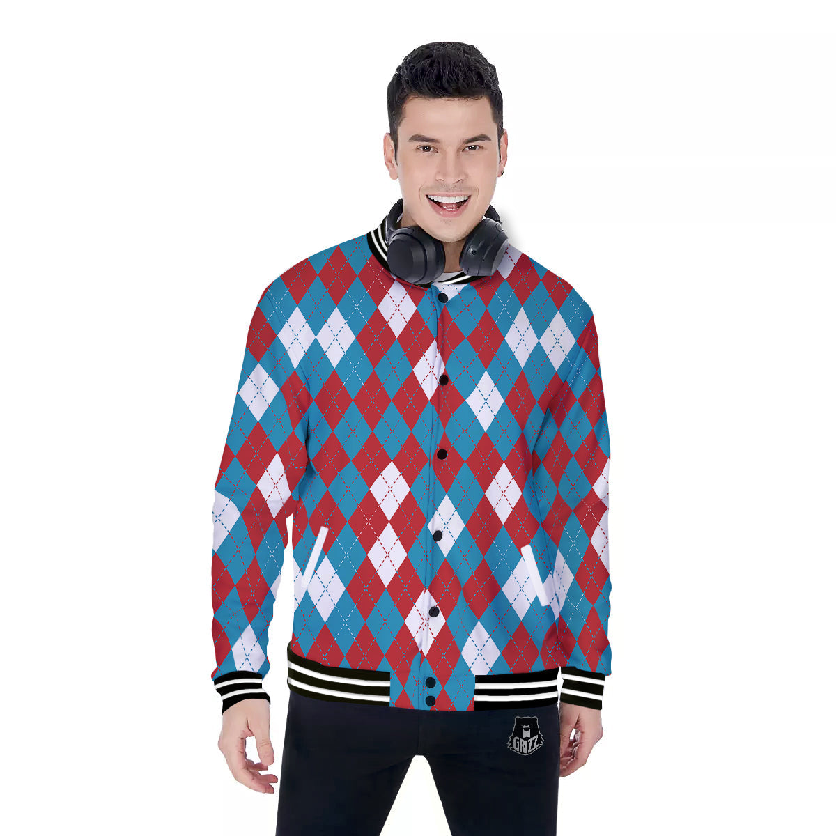 Blue White And Red Argyle Print Pattern Baseball Jacket-grizzshop