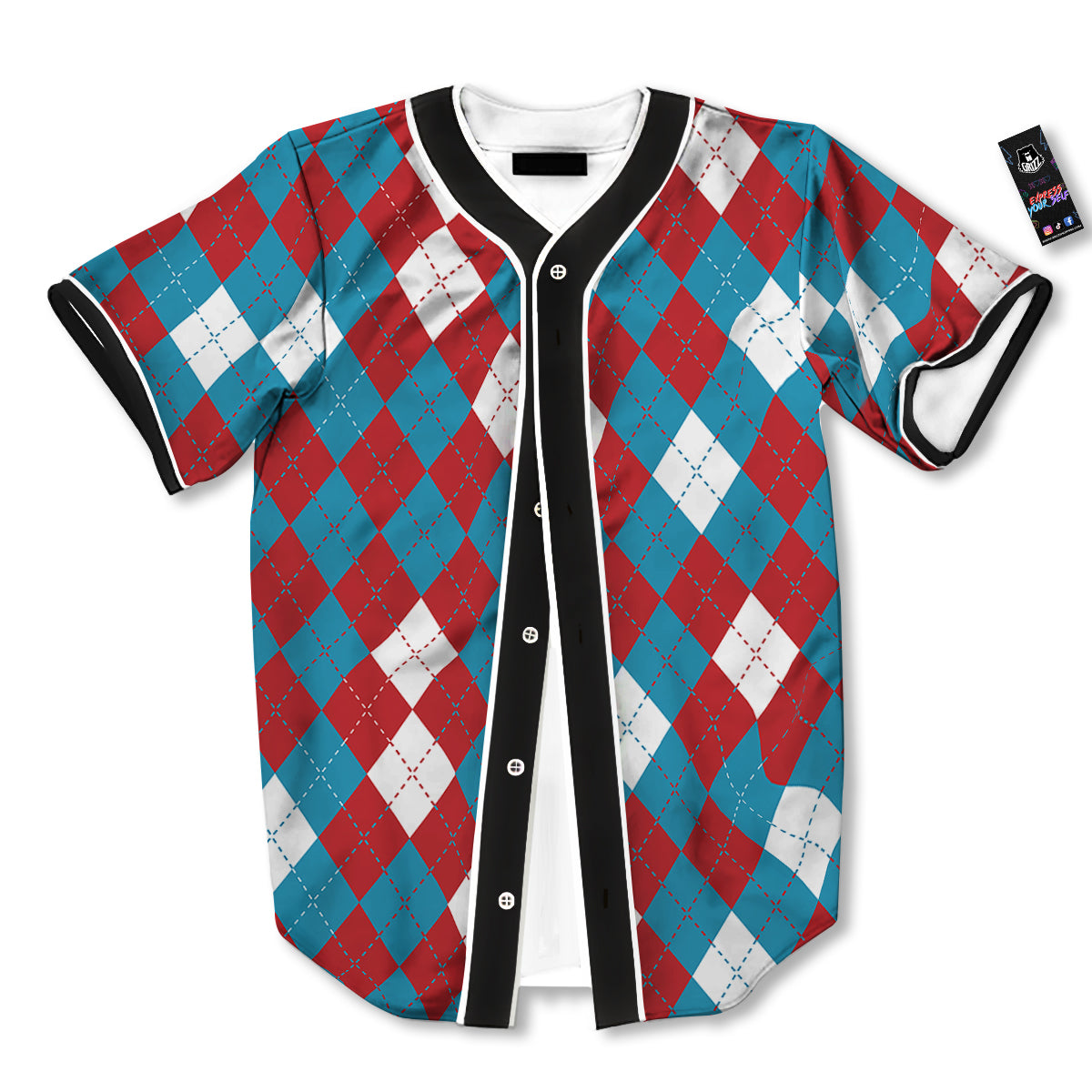 Blue White And Red Argyle Print Pattern Baseball Jersey-grizzshop