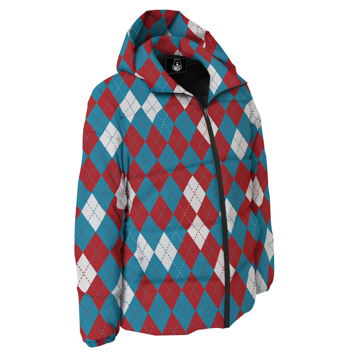 Blue White And Red Argyle Print Pattern Down Jacket-grizzshop