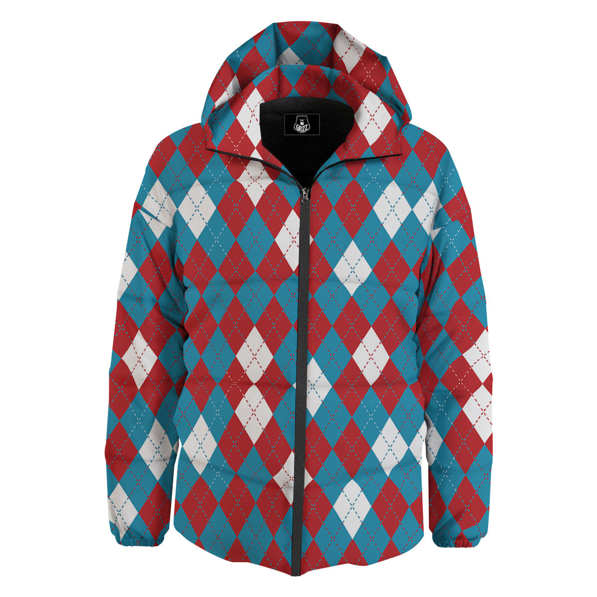 Blue White And Red Argyle Print Pattern Down Jacket-grizzshop