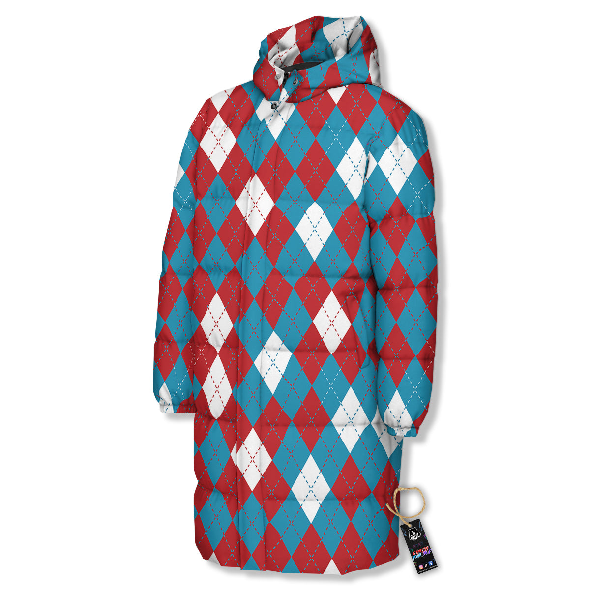 Blue White And Red Argyle Print Pattern Long Down Jacket-grizzshop