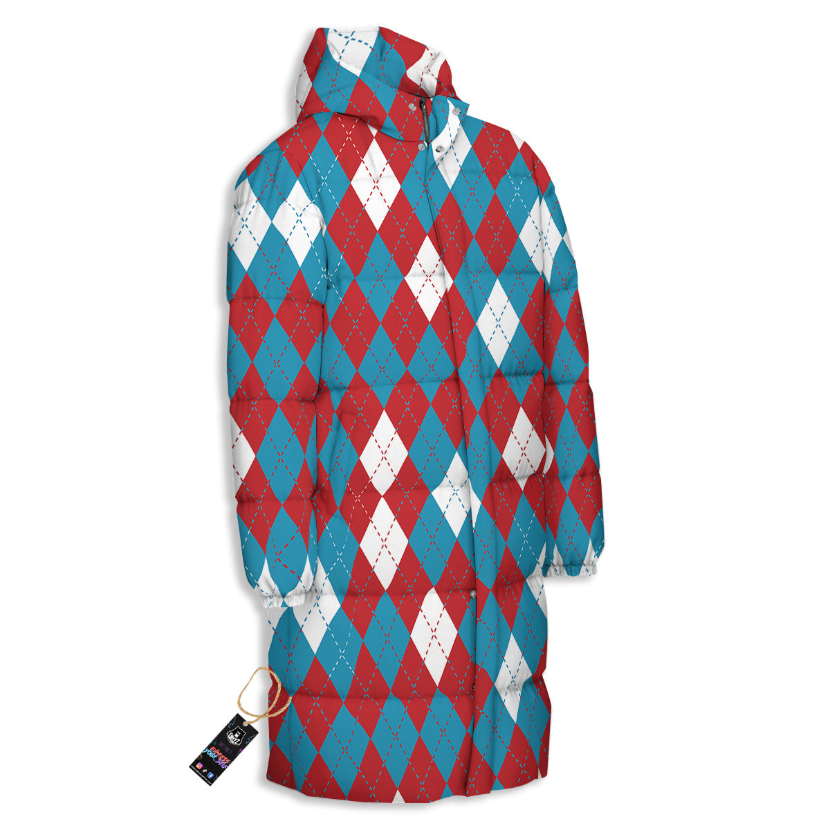 Blue White And Red Argyle Print Pattern Long Down Jacket-grizzshop
