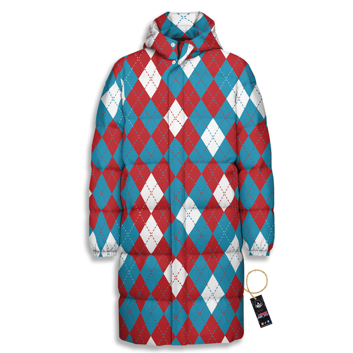 Blue White And Red Argyle Print Pattern Long Down Jacket-grizzshop