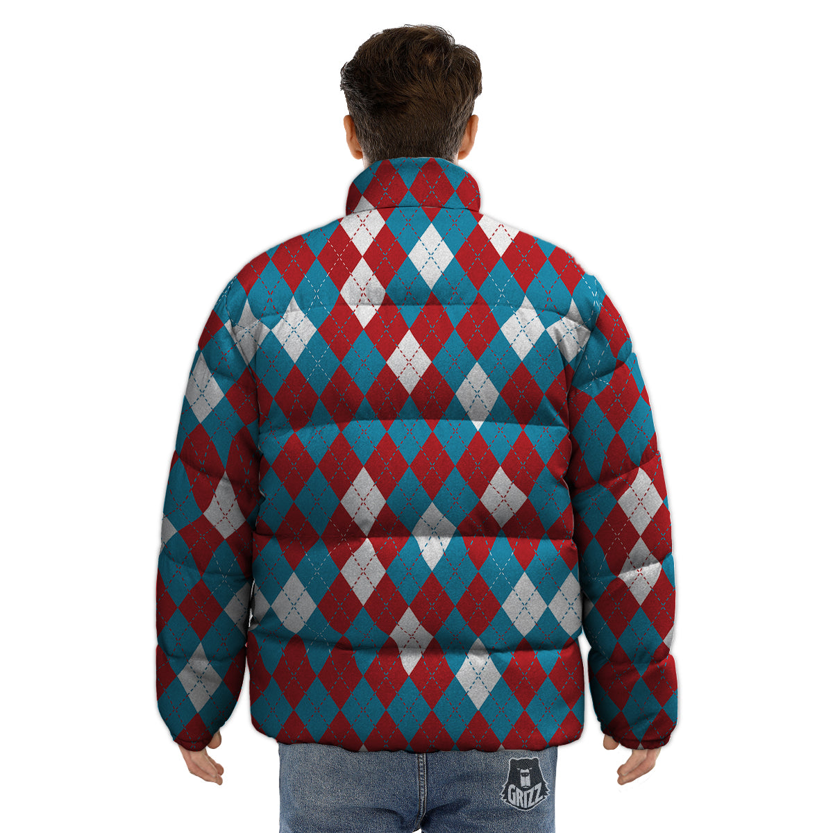 Blue White And Red Argyle Print Pattern Puffer Jacket-grizzshop