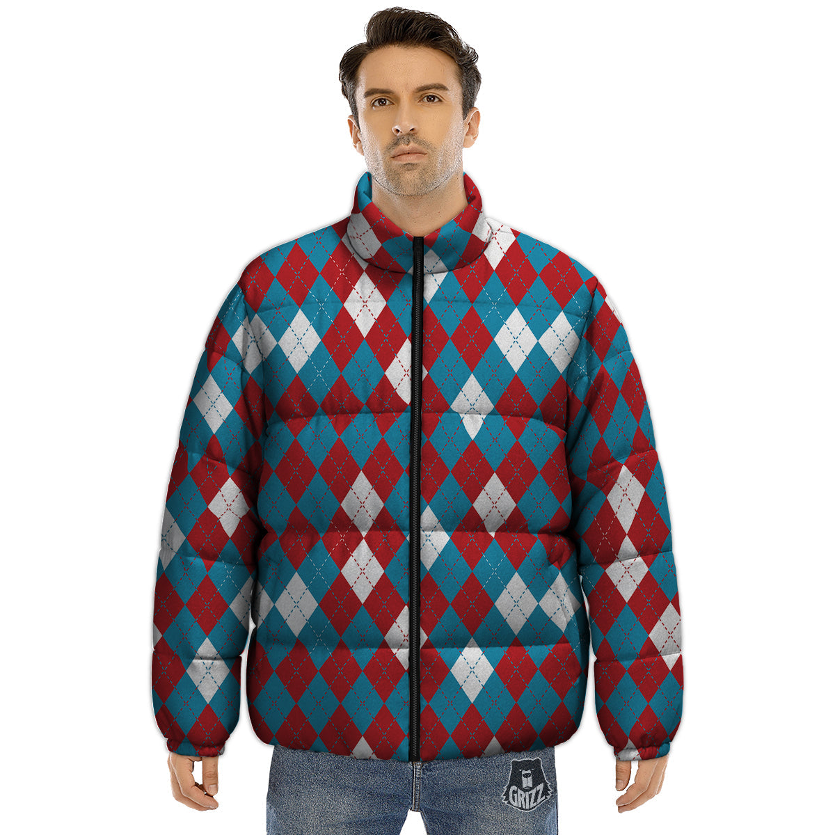Blue White And Red Argyle Print Pattern Puffer Jacket-grizzshop