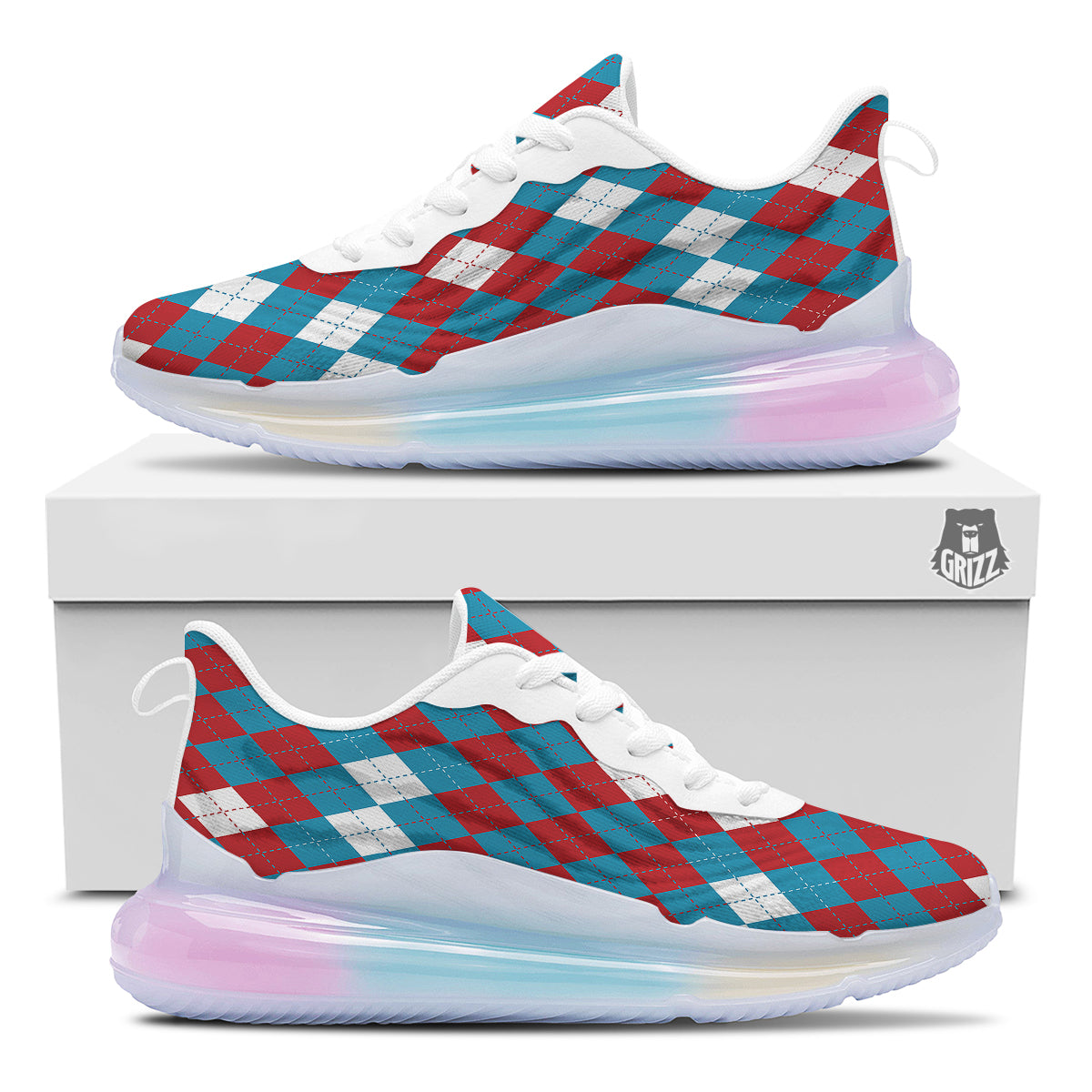 Blue White And Red Argyle Print Pattern Running Sneakers-grizzshop
