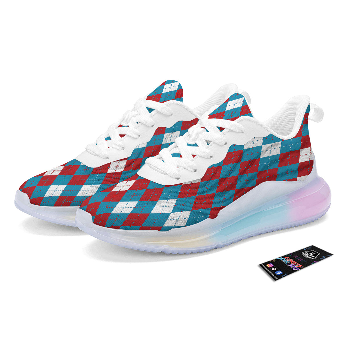 Blue White And Red Argyle Print Pattern Running Sneakers-grizzshop