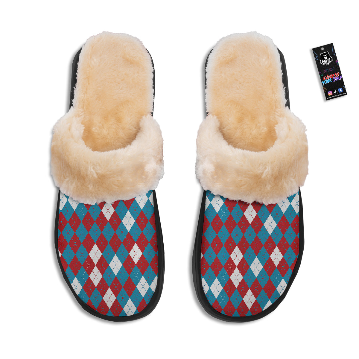 Blue White And Red Argyle Print Pattern Slippers-grizzshop