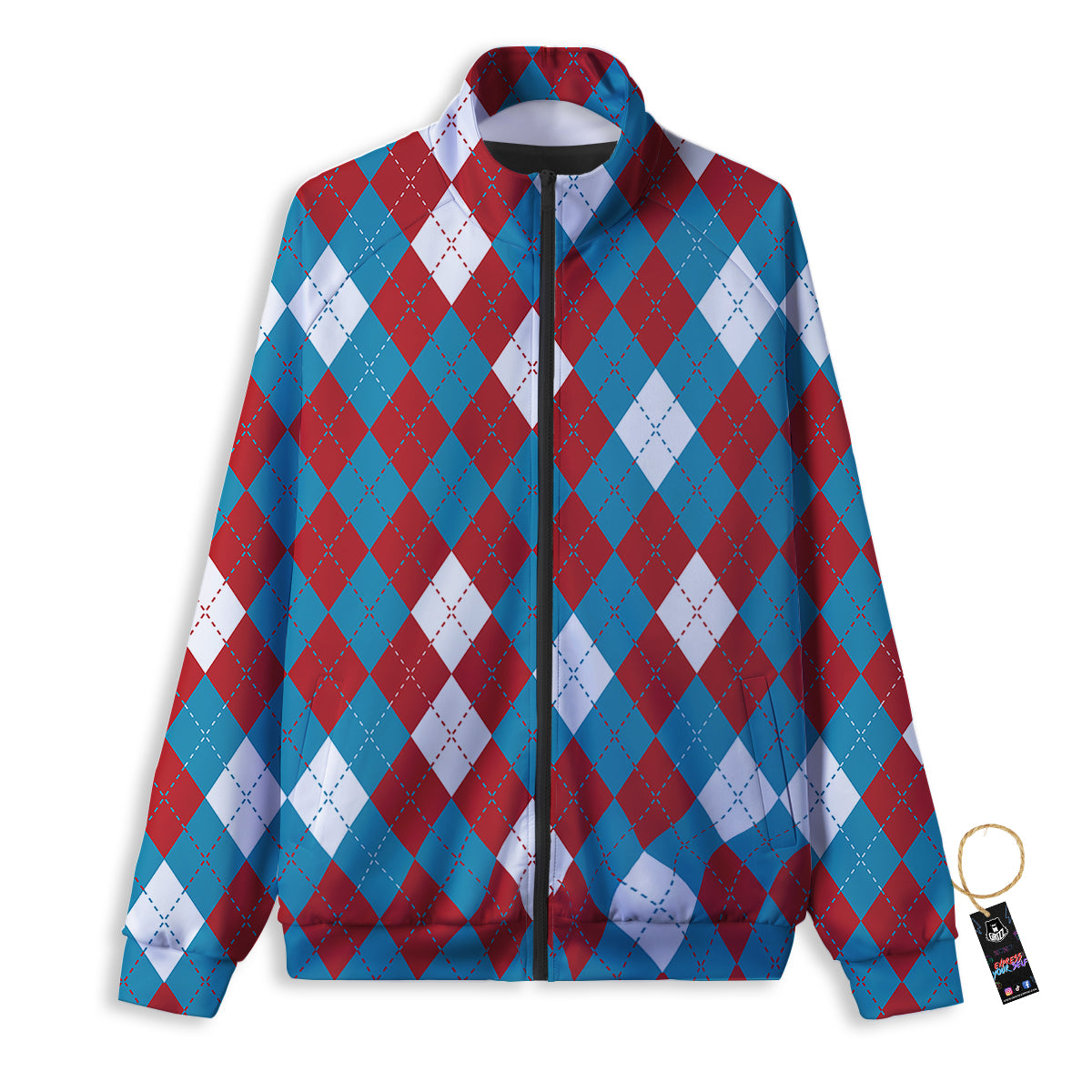 Blue White And Red Argyle Print Pattern Track Jacket-grizzshop