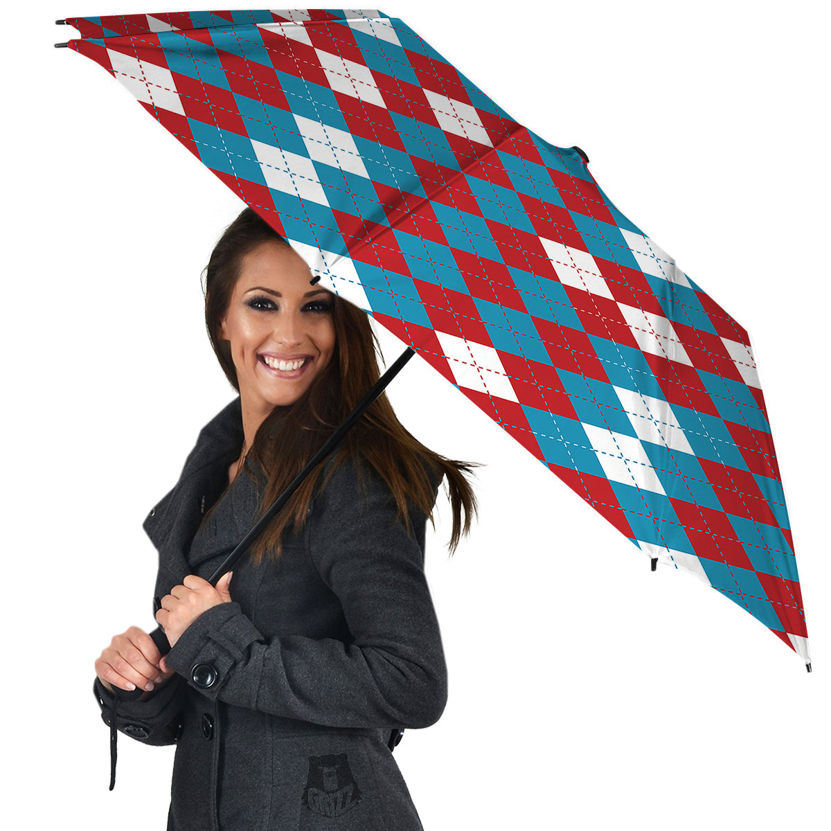 Blue White And Red Argyle Print Pattern Umbrella-grizzshop