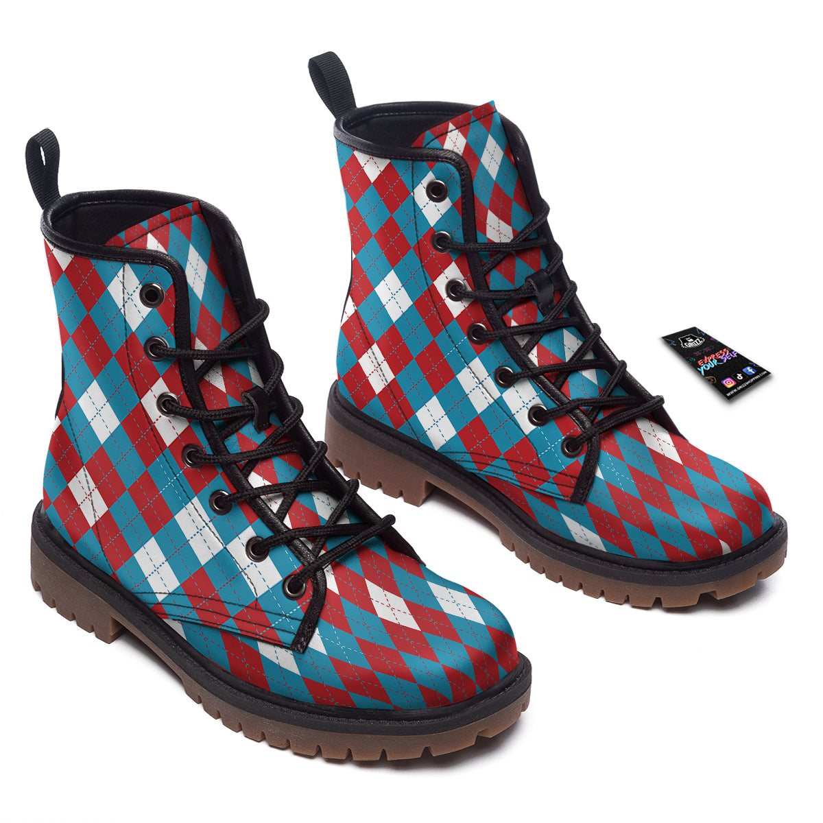 Blue White And Red Argyle Print Pattern Work Boots-grizzshop