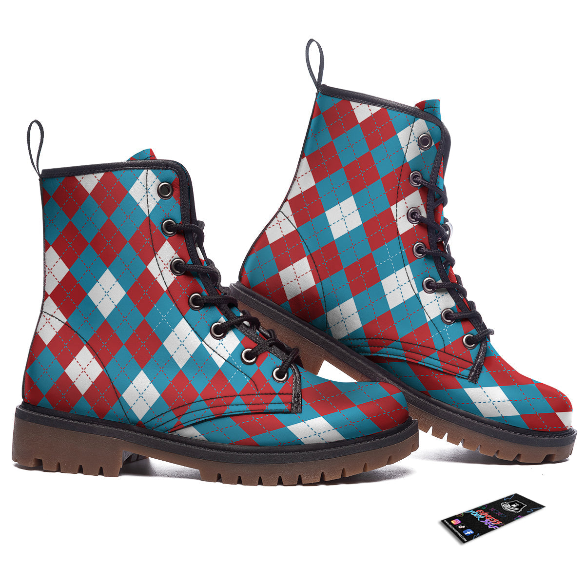 Blue White And Red Argyle Print Pattern Work Boots-grizzshop