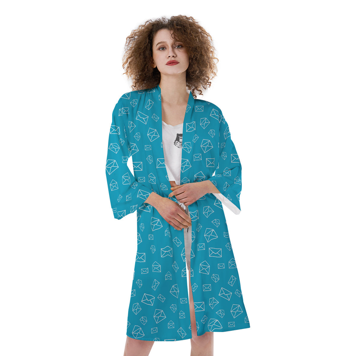 Blue White Mail Print Pattern Kimono-grizzshop