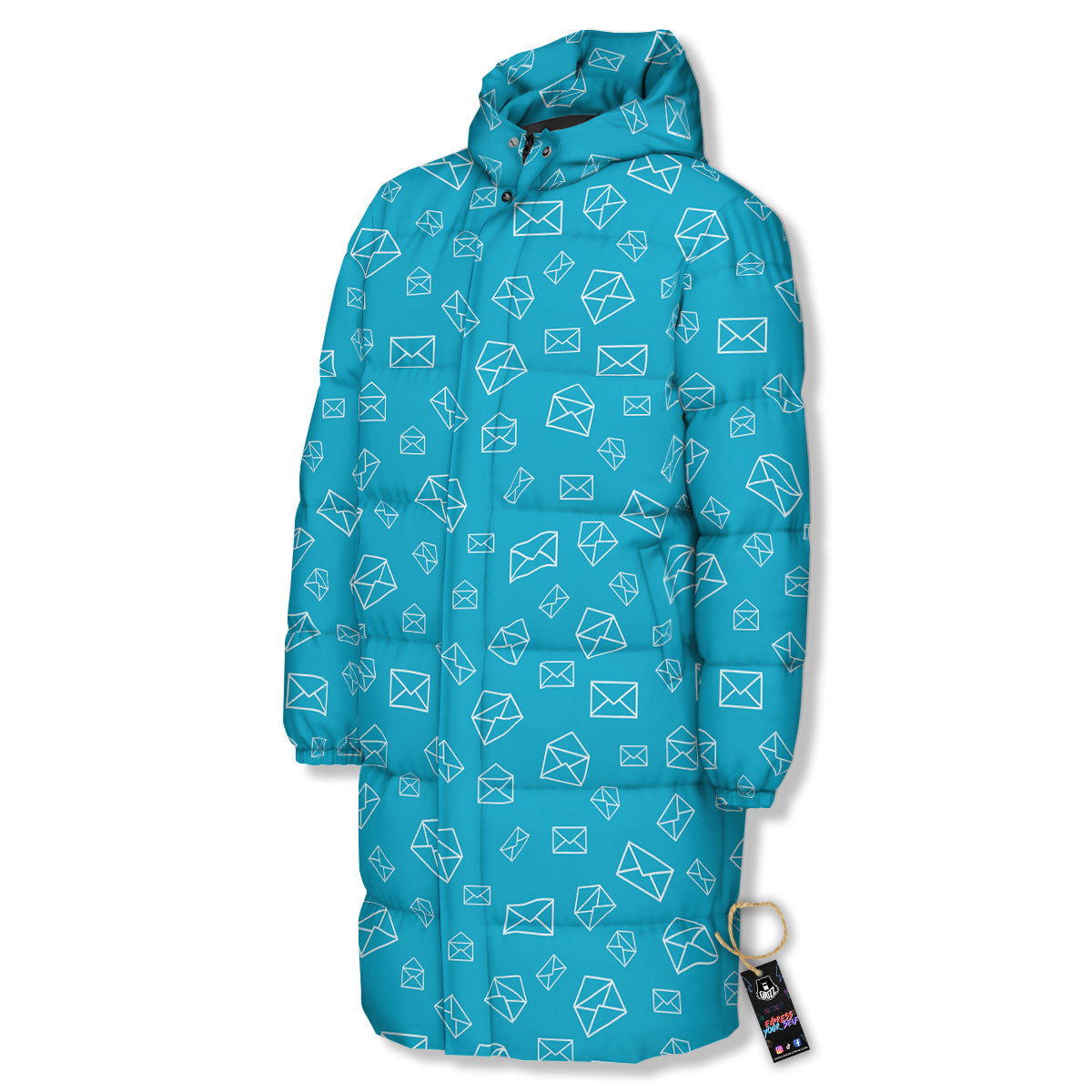 Blue White Mail Print Pattern Long Down Jacket-grizzshop