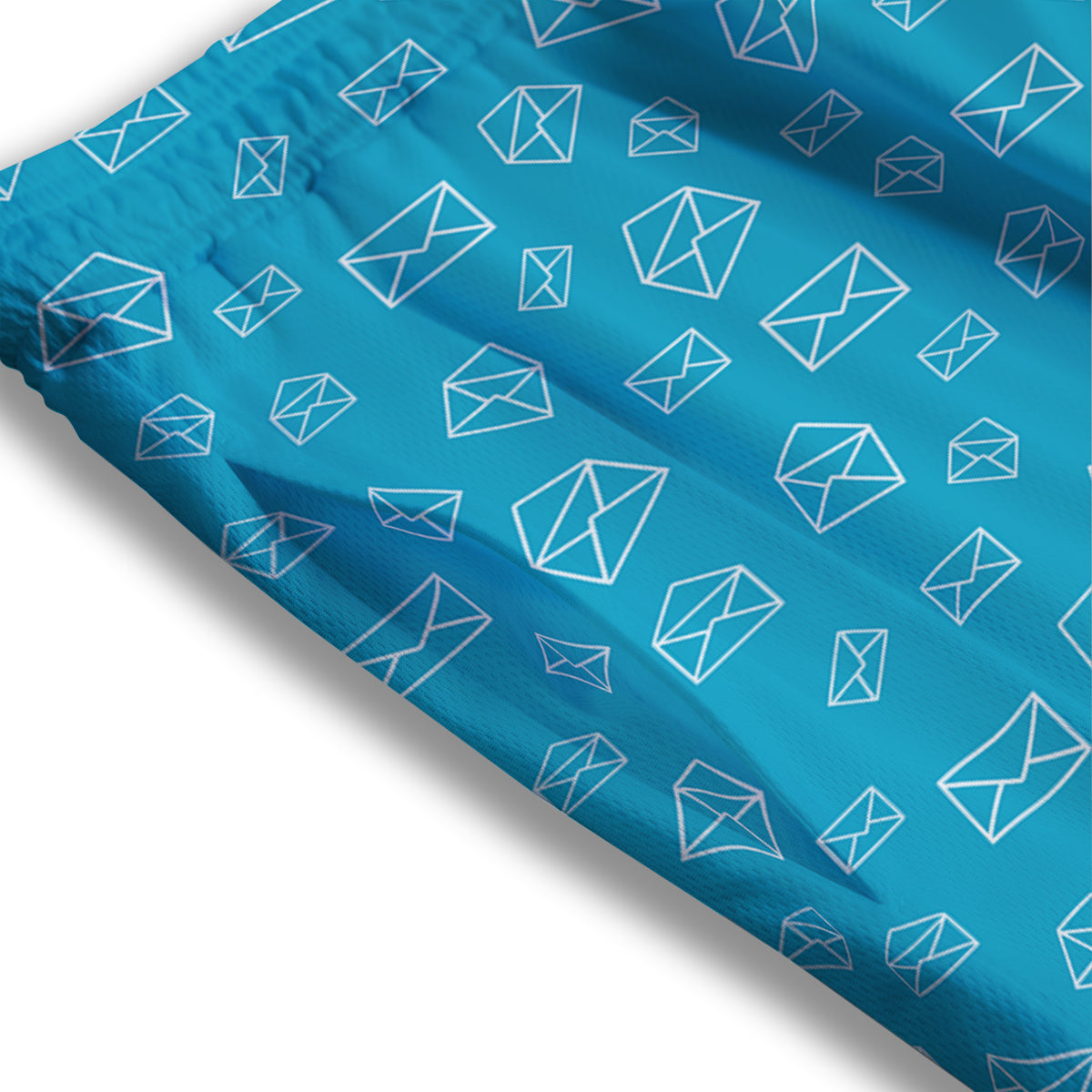 Blue White Mail Print Pattern Mesh Shorts-grizzshop