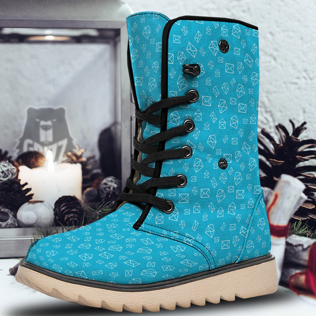Blue White Mail Print Pattern Snow Boots-grizzshop