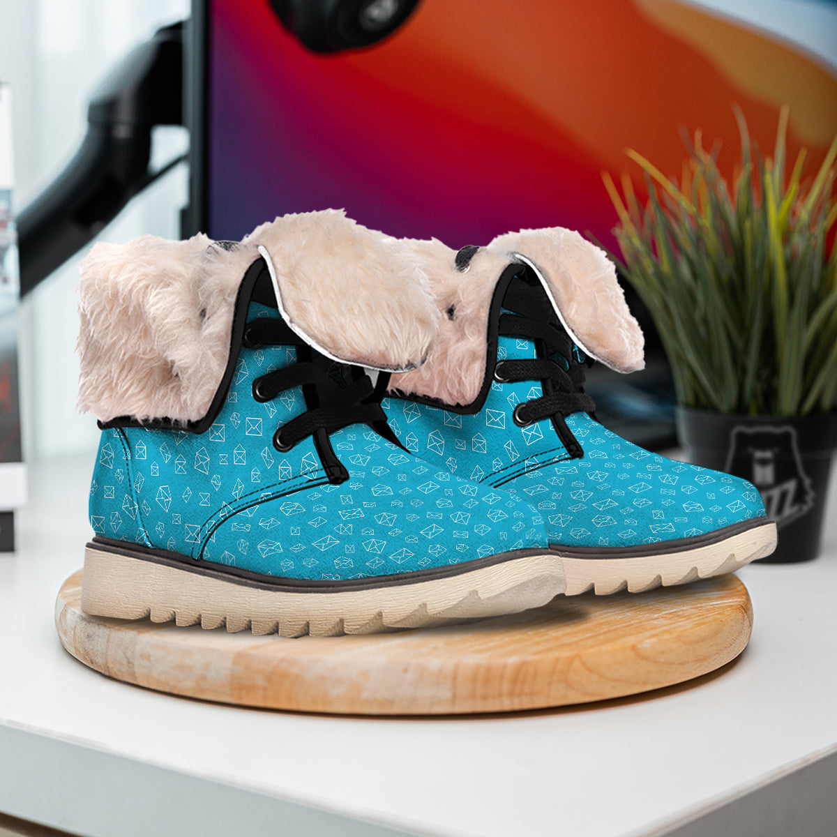 Blue White Mail Print Pattern Snow Boots-grizzshop