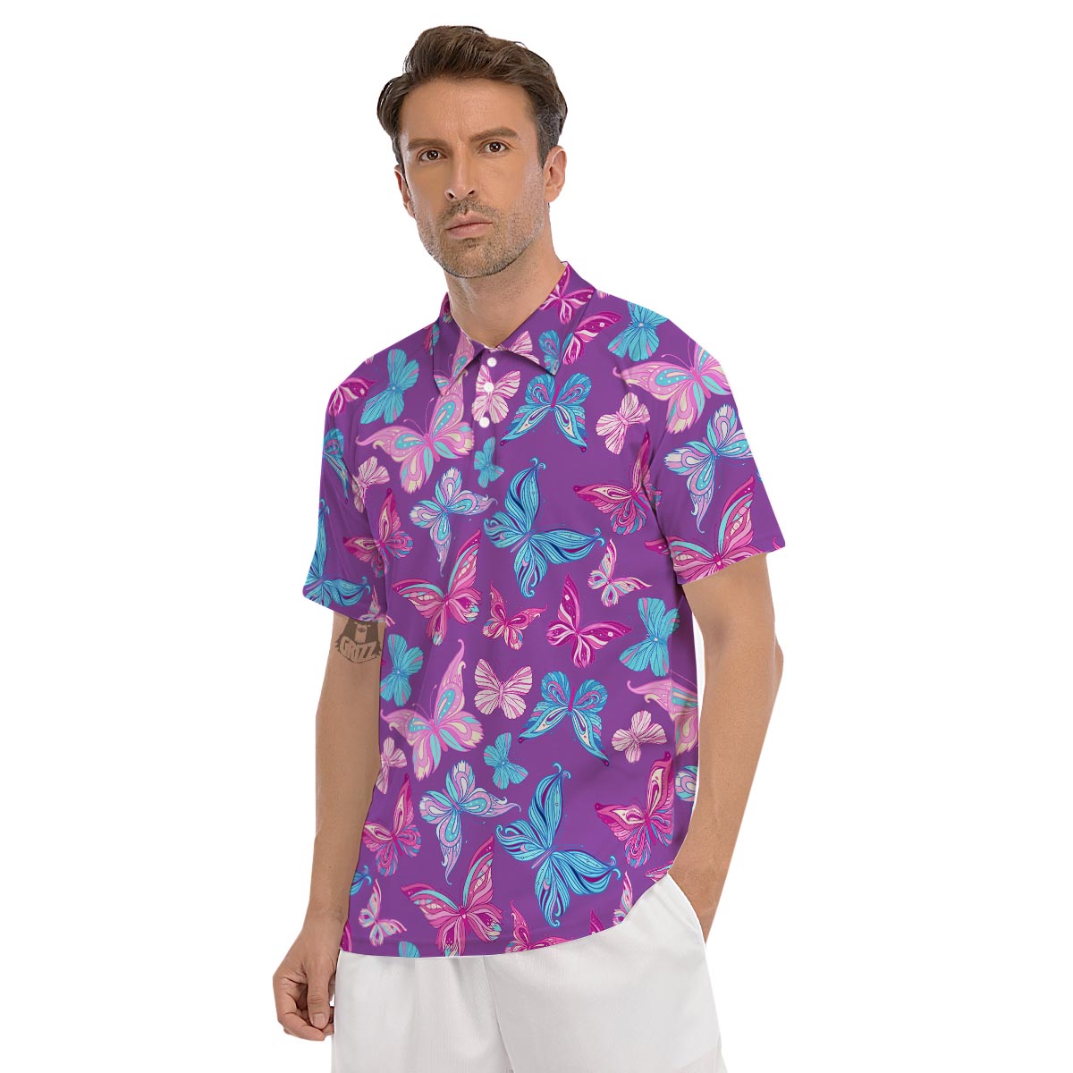 Blue And Pink Butterfly Print Men's Golf Shirts-grizzshop