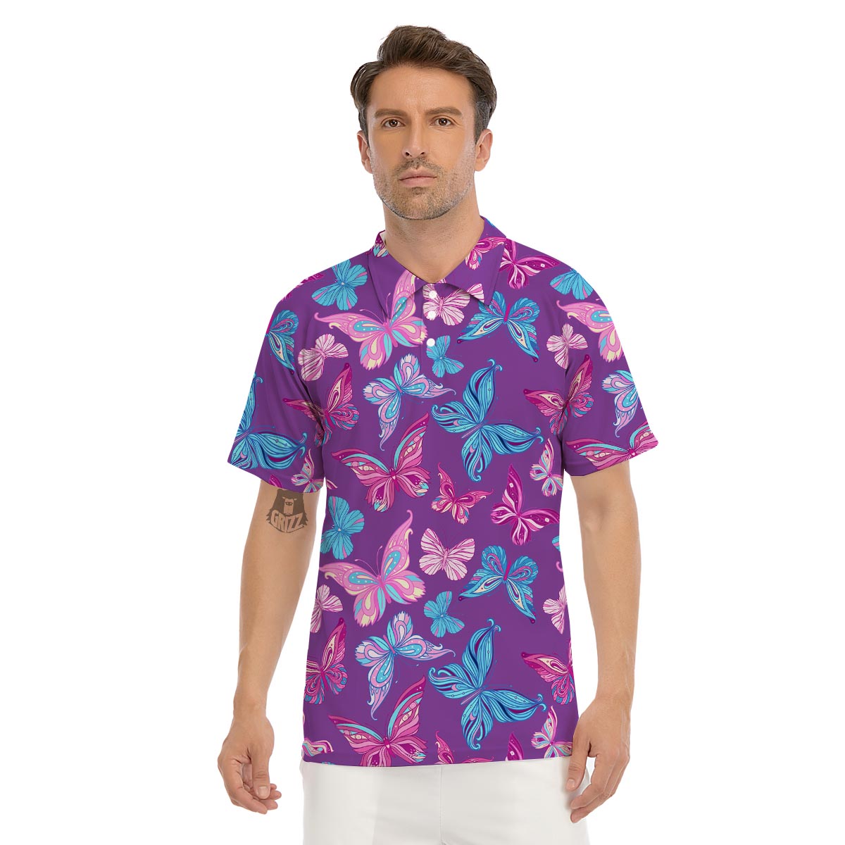 Blue And Pink Butterfly Print Men's Golf Shirts-grizzshop